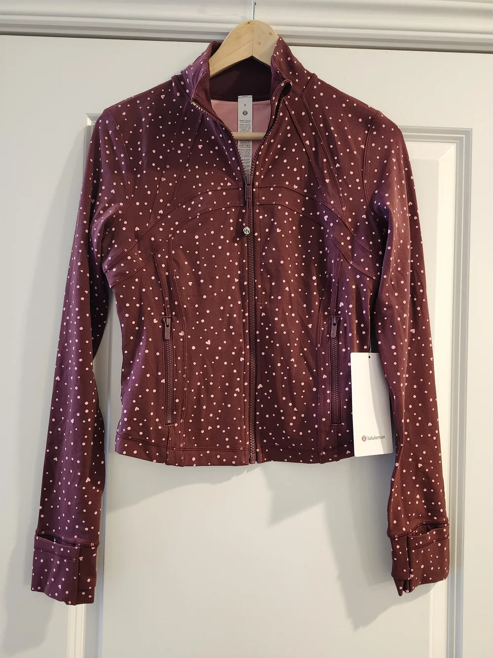 NWT lululemon Define Cropped Nulu Jacket Heart Scatter Dot Print Sz 8 Rare Burgu